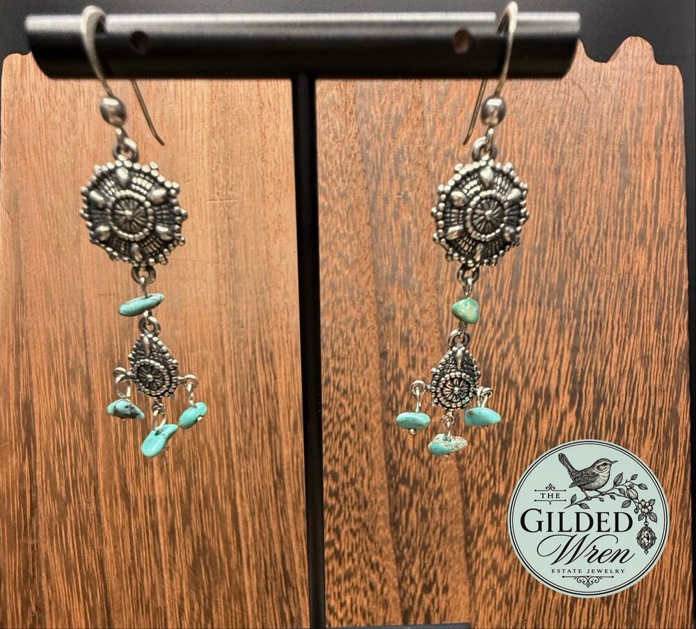 Sterling Silver 925 Turquoise Chip Dangle Earrings 2 Inch Drop 7.37g